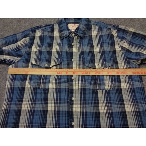 Filson Shirt Mens L Blue White Washed Feather Cloth Plaid Short Sleeve - Picture 11 of 13